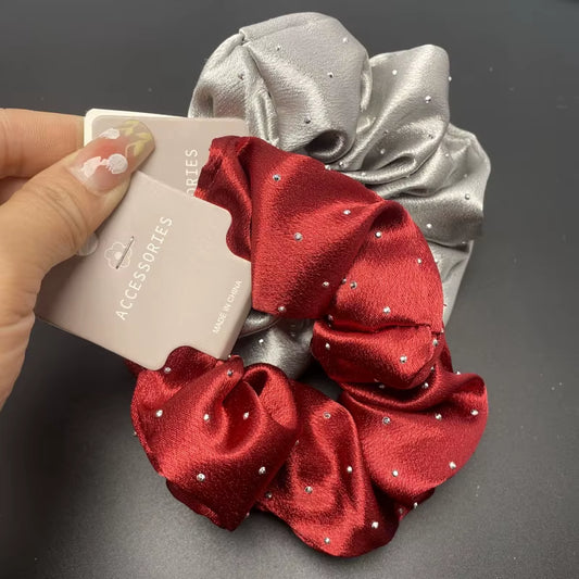 Korean Silk Hair Scrunchies for Women - Elegant Pink Elastic Hair Bands with Rhinestone Accents