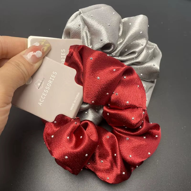 Korean Silk Hair Scrunchies for Women - Elegant Pink Elastic Hair Bands with Rhinestone Accents