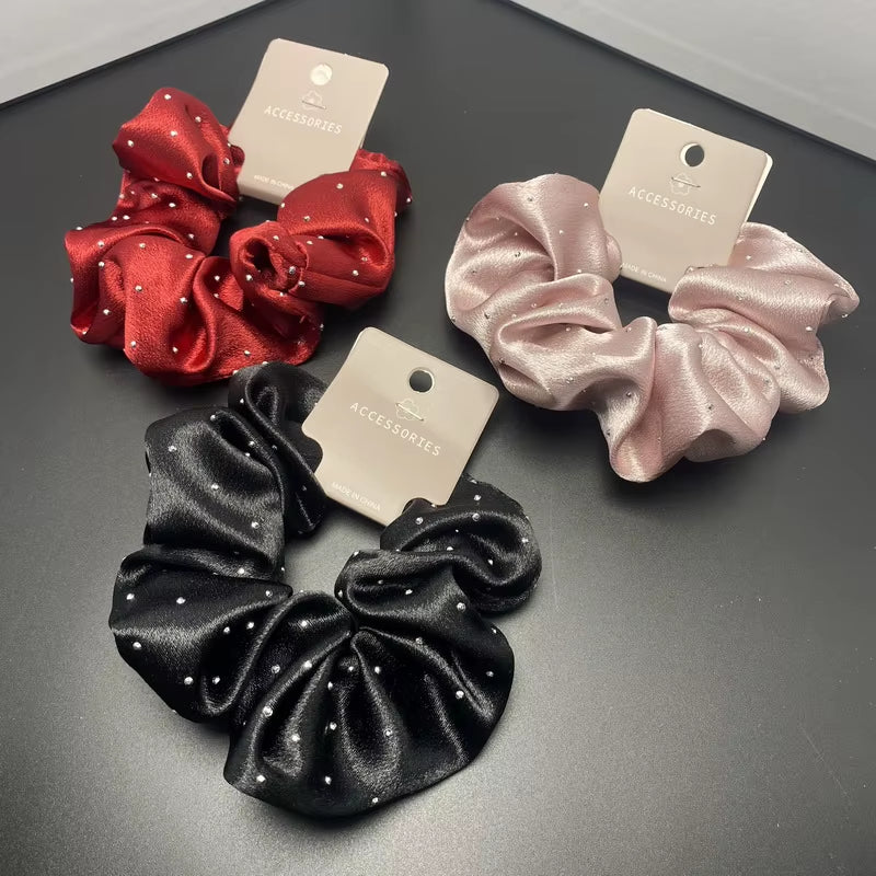Korean Silk Hair Scrunchies for Women - Elegant Pink Elastic Hair Bands with Rhinestone Accents
