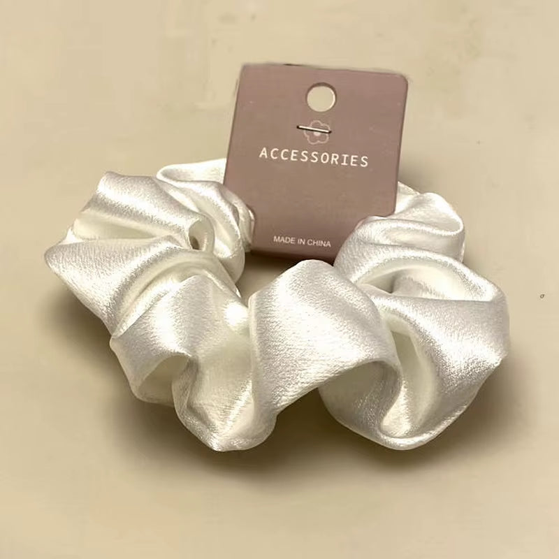Korean Silk Hair Scrunchies for Women - Elegant Pink Elastic Hair Bands with Rhinestone Accents