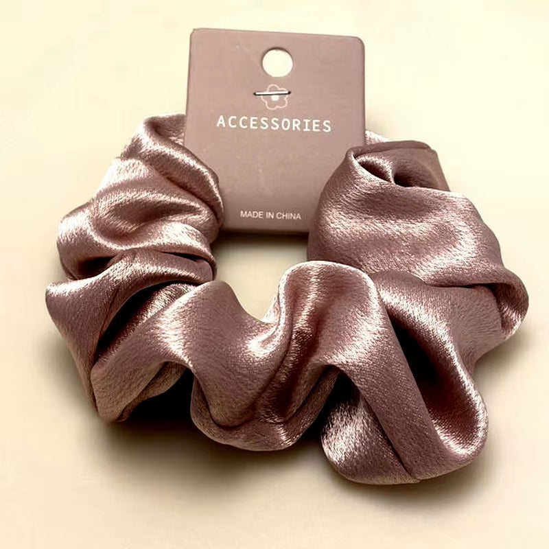 Korean Silk Hair Scrunchies for Women - Elegant Pink Elastic Hair Bands with Rhinestone Accents