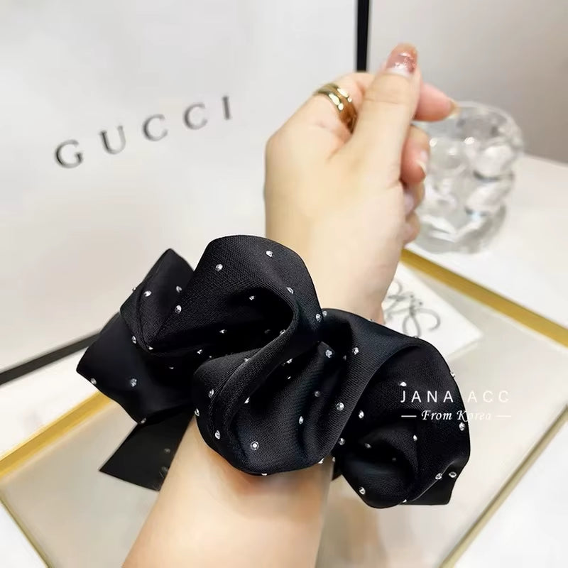 Korean Silk Hair Scrunchies for Women - Elegant Pink Elastic Hair Bands with Rhinestone Accents