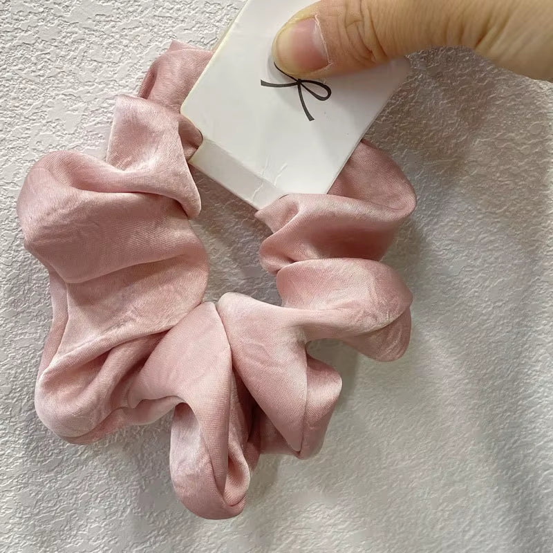 Korean Silk Hair Scrunchies for Women - Elegant Pink Elastic Hair Bands with Rhinestone Accents