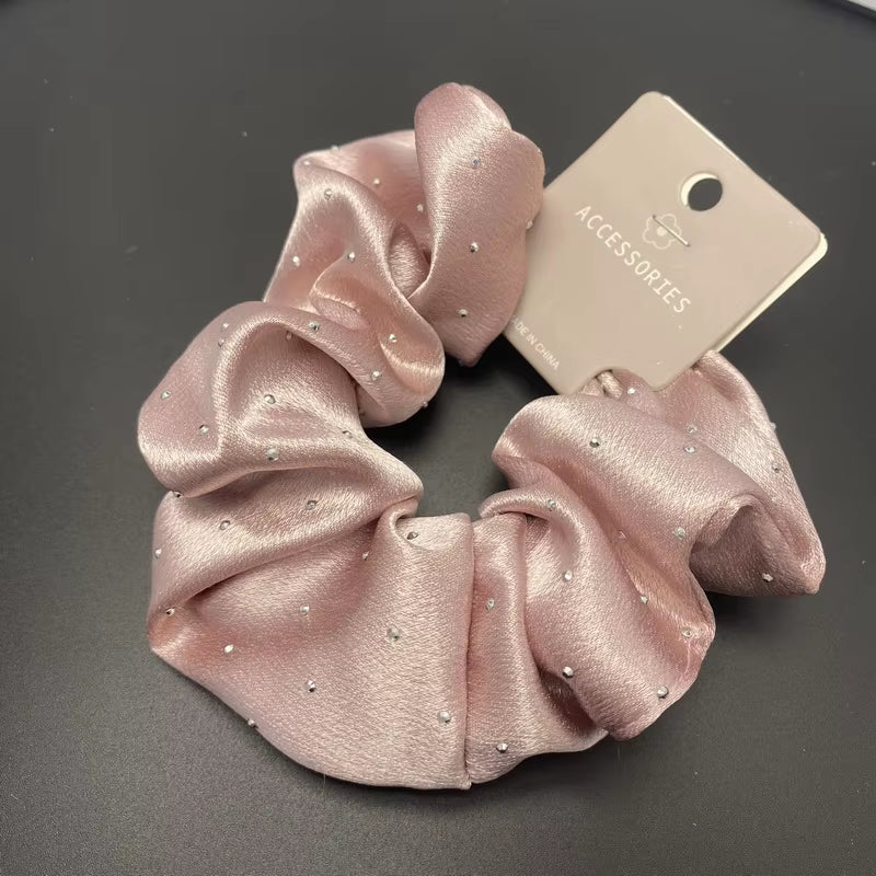 Korean Silk Hair Scrunchies for Women - Elegant Pink Elastic Hair Bands with Rhinestone Accents