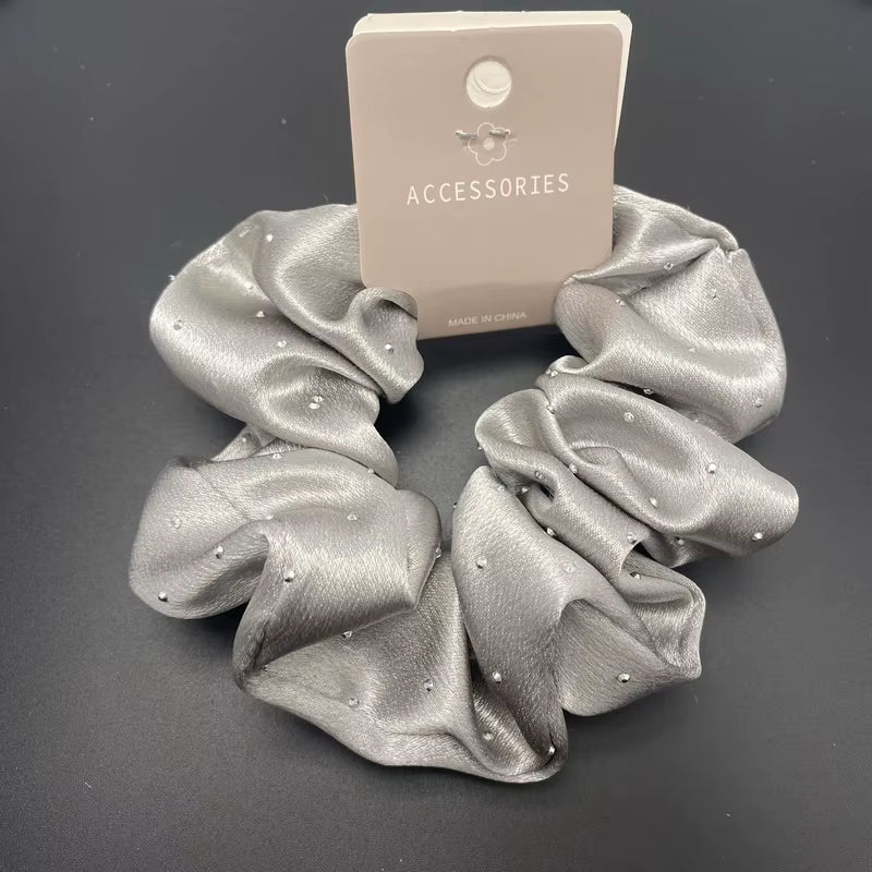 Korean Silk Hair Scrunchies for Women - Elegant Pink Elastic Hair Bands with Rhinestone Accents