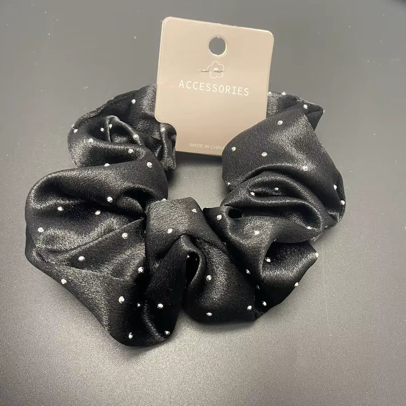 Korean Silk Hair Scrunchies for Women - Elegant Pink Elastic Hair Bands with Rhinestone Accents