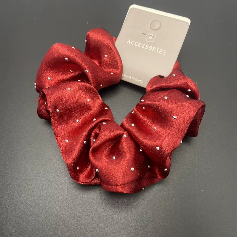 Korean Silk Hair Scrunchies for Women - Elegant Pink Elastic Hair Bands with Rhinestone Accents