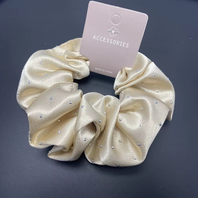 Korean Silk Hair Scrunchies for Women - Elegant Pink Elastic Hair Bands with Rhinestone Accents