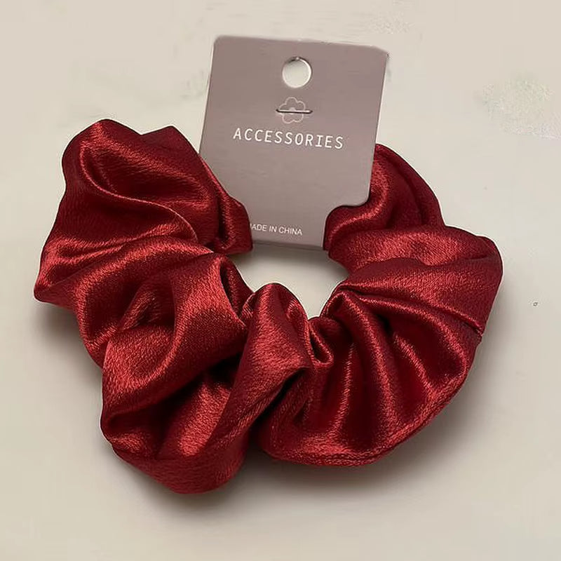 Korean Silk Hair Scrunchies for Women - Elegant Pink Elastic Hair Bands with Rhinestone Accents