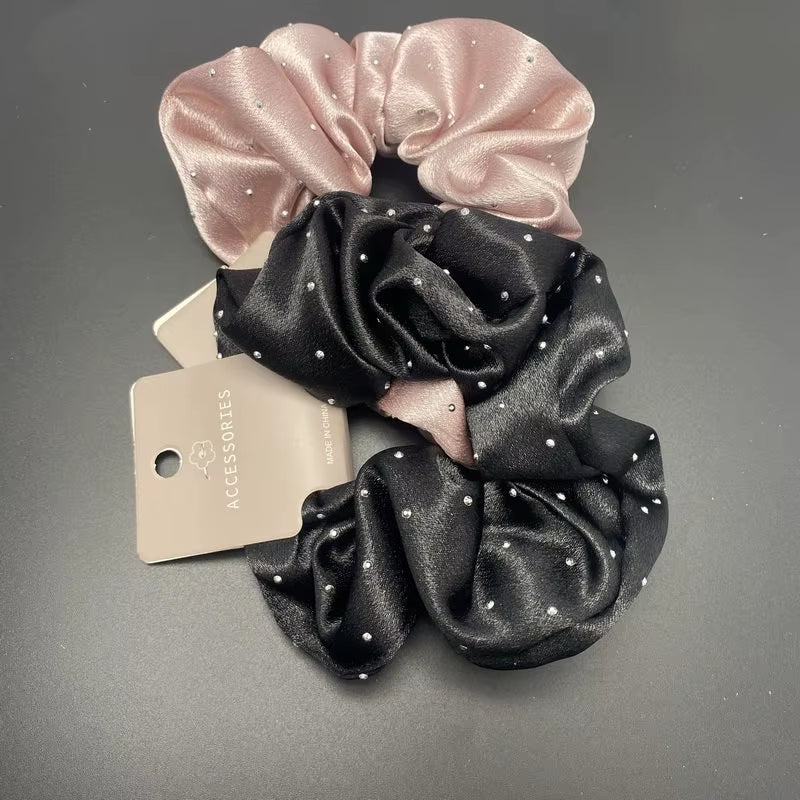 Korean Silk Hair Scrunchies for Women - Elegant Pink Elastic Hair Bands with Rhinestone Accents